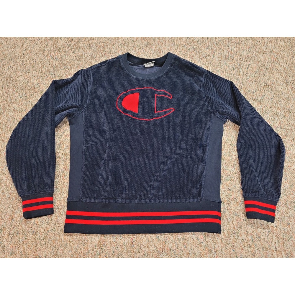Champion Corduroy Sweatshirt Mens Large Navy Blue Red Big Logo Ribbed Pullover